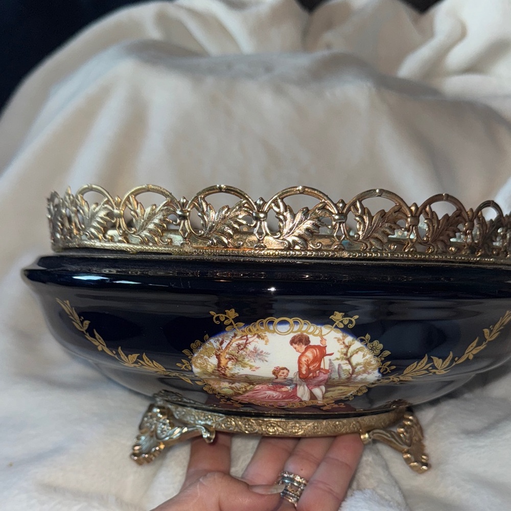 Antique French Limoges Cobalt Blue &Gilt Bronze Centerpiece Bowl CourtingScenes